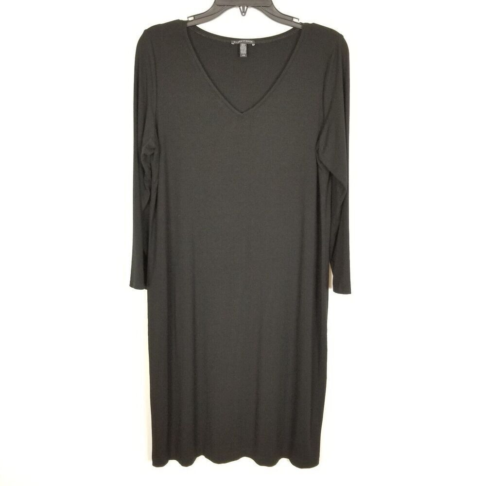 EILEEN FISHER Women Viscose Jersey V-Neck Dress Size L Black Long sleeve
